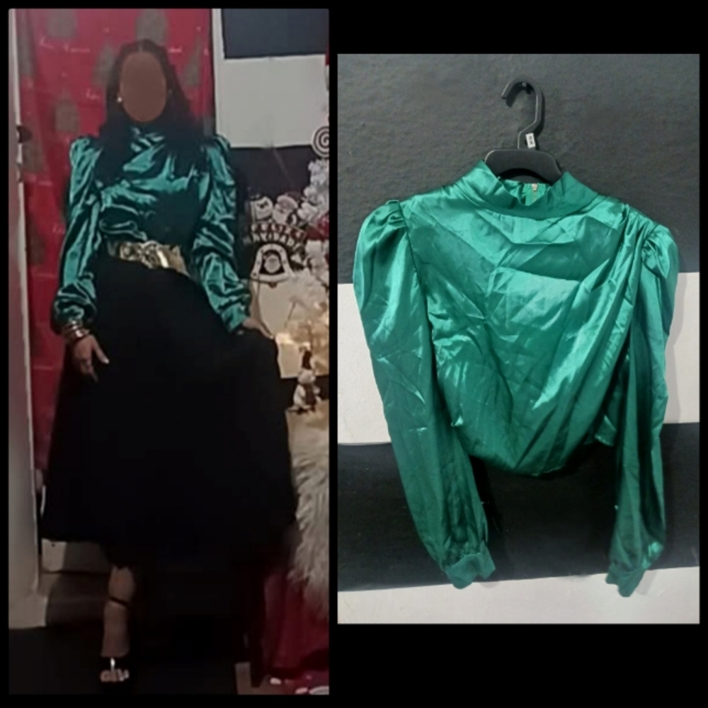 Women Emerald Green Silk Puff Long Sleeve Top